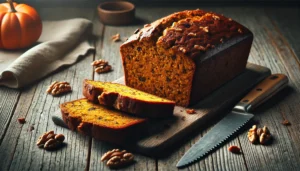 A loaf of freshly baked pumpkin banana bread with slices arranged on a wooden cutting board.