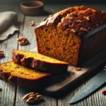 A loaf of freshly baked pumpkin banana bread with slices arranged on a wooden cutting board.