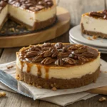 A whole caramel pecan pie cheesecake with a slice removed to show creamy layers.