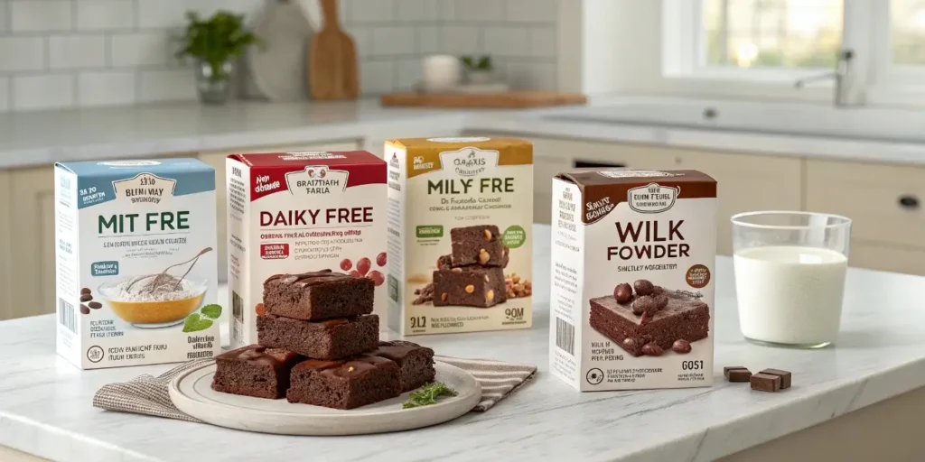 Brownie mix boxes showing dairy and dairy-free ingredient labels