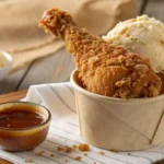 Golden-brown fried chicken ice cream in a bucket with dipping sauce