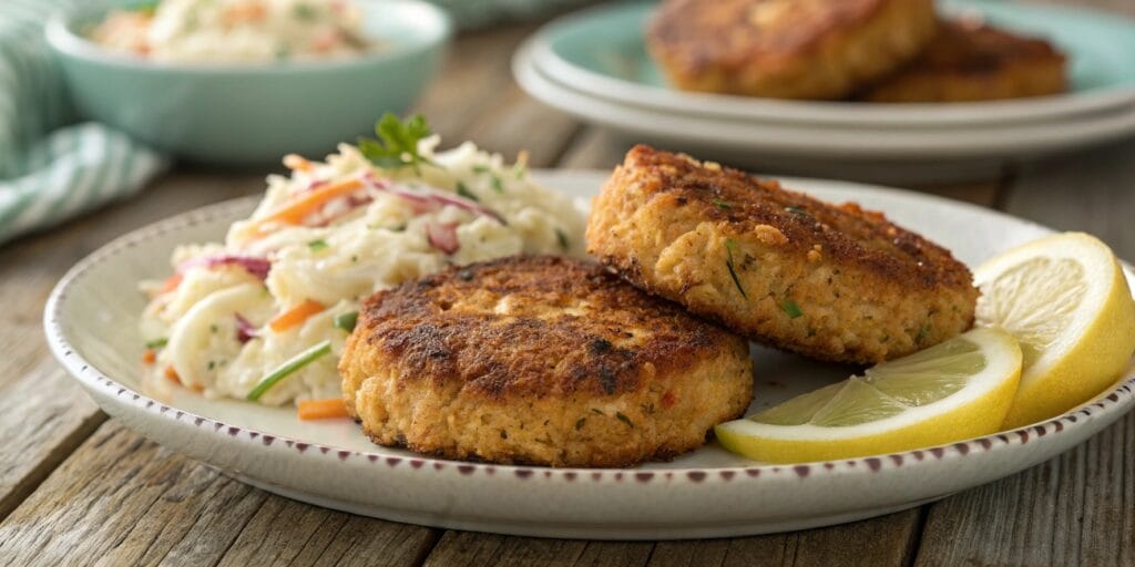 Crispy old fashioned salmon patties with coleslaw and lemon