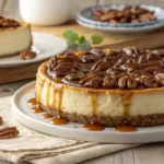A beautifully plated pecan pie cheesecake with caramelized pecans and caramel drizzle