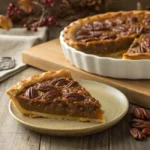 Perfectly baked pecan pie with a slice lifted, showing firm filling.