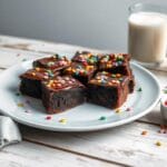 A close-up view of cosmic brownies featuring a fudgy base, creamy ganache, and colorful sprinkles, styled on a rustic table.