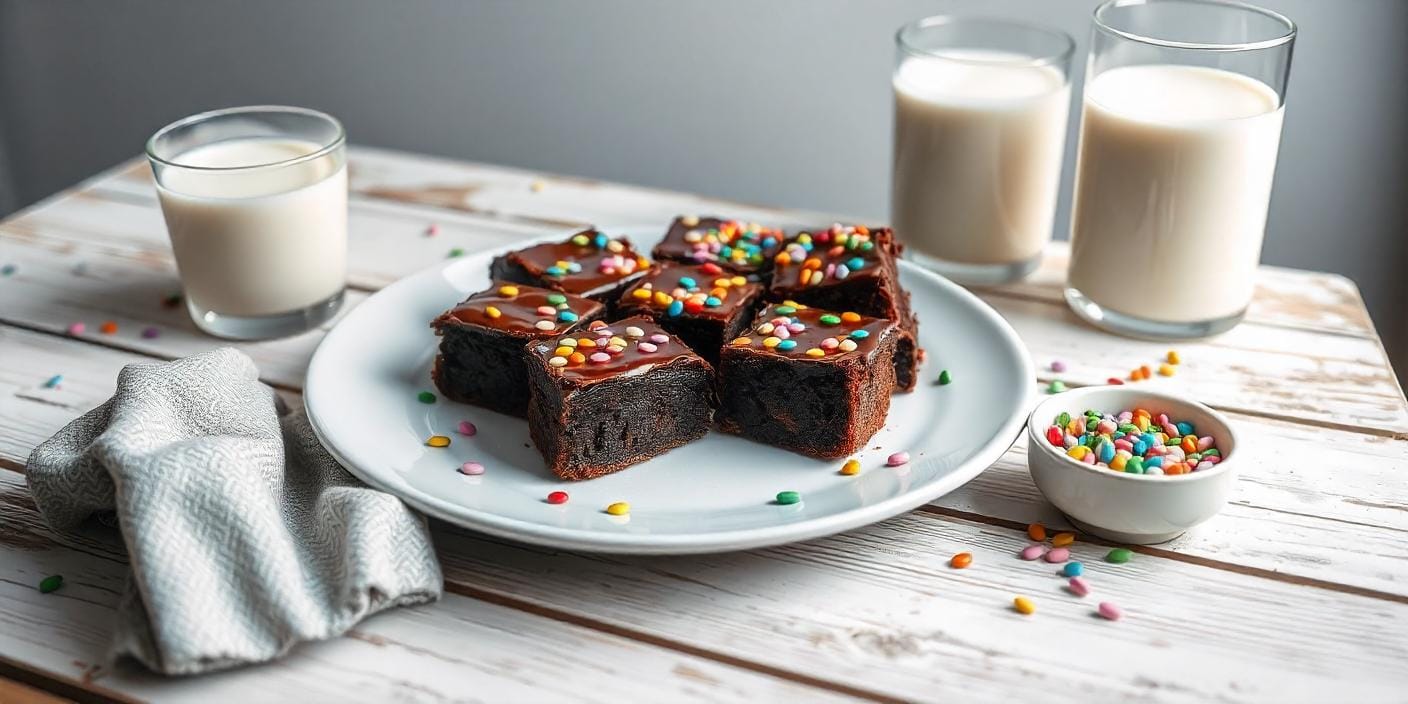 A close-up view of cosmic brownies featuring a fudgy base, creamy ganache, and colorful sprinkles, styled on a rustic table.