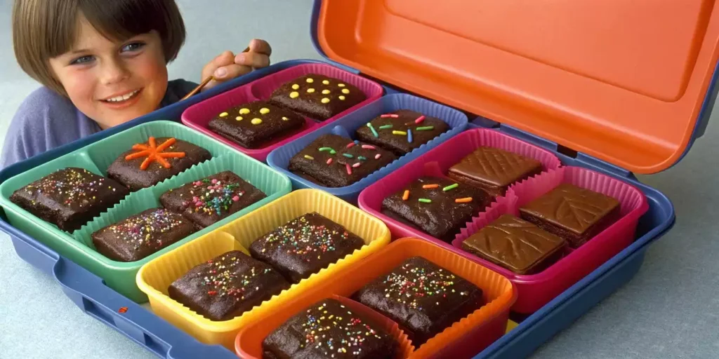 A 1999 lunchbox featuring a Cosmic Brownie with colorful sprinkles, alongside classic school snacks like juice boxes, apple slices, and crackers