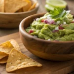 Fresh guacamole in a rustic bowl with tortilla chips.