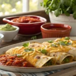 A plate of Angela's Awesome Enchiladas with red and green sauce.