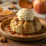 Apple dumpling with caramel sauce and vanilla ice cream
