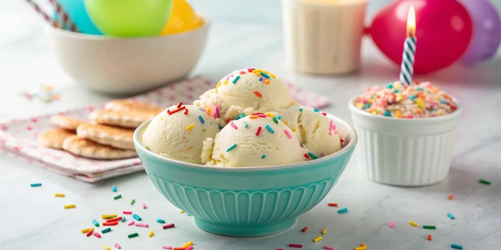 Homemade birthday cake ice cream with sprinkles and cake crumbles