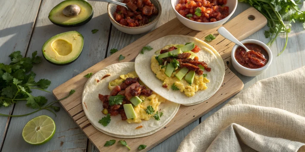 A variety of breakfast tacos displayed on a rustic wooden table