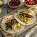 A variety of breakfast tacos displayed on a rustic wooden table
