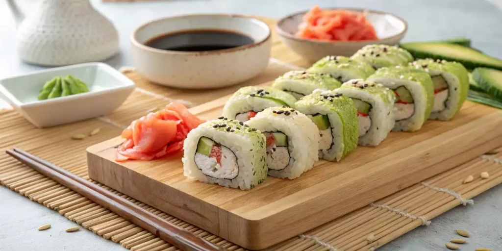 A beautifully arranged platter of California Rolls on a wooden board, featuring avocado, cucumber, and imitation crab, topped with sesame seeds and tobiko, accompanied by soy sauce, pickled ginger, and wasabi.