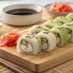 A beautifully arranged platter of California Rolls on a wooden board, featuring avocado, cucumber, and imitation crab, topped with sesame seeds and tobiko, accompanied by soy sauce, pickled ginger, and wasabi.