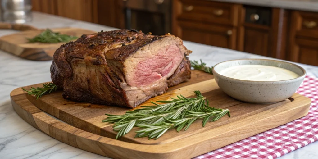 "Perfectly roasted prime rib on a wooden carving board