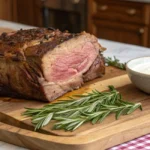 "Perfectly roasted prime rib on a wooden carving board