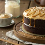 Chocolate cake topped with Easy Salted Caramel Cream Cheese Frosting and caramel drizzle