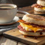 turkey Bacon, Egg, and Cheese Breakfast Sandwich with Coffee