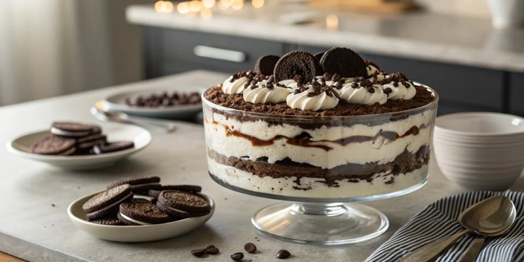 Layered cookies and cream icebox cake with whipped cream and crushed Oreos