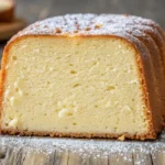 A freshly baked cream cheese pound cake sliced to reveal its moist texture
