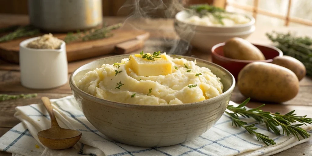 Creamy mashed potatoes with butter and herbs
