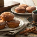Freshly baked donut muffins coated in cinnamon sugar on a rustic table