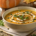 Creamy butternut squash soup garnished with herbs and pumpkin seeds
