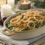 French onion green bean casserole topped with golden breadcrumbs