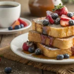 Stack of French Toast with berries and syrup on a rustic table