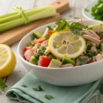Fresh tuna salad garnished with lemon and parsley