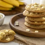 A stack of banana pudding cookies with white chocolate chips and vanilla wafers
