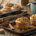 Tray of freshly baked cinnamon streusel muffins on a rustic wooden table