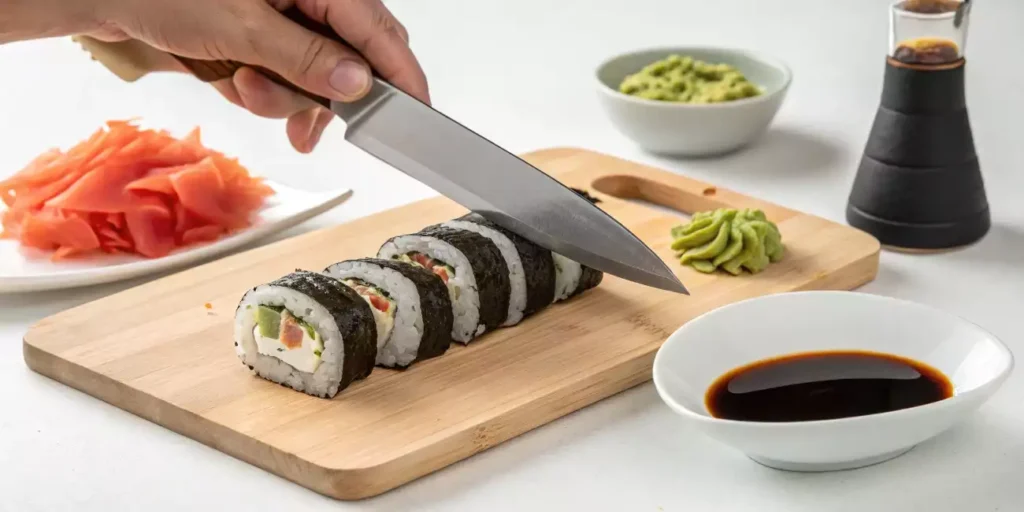 A close-up of a sharp knife slicing a California Roll into even pieces, with a small dish of soy sauce, wasabi, and pickled ginger in the background