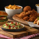 A spread of American best lunch and popular dishes, including burgers, fried chicken, and salads.