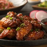 Crispy Korean BBQ wings in air fryer with sesame seeds and sauce