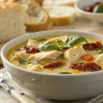 Creamy Marry Me Chicken Soup in a rustic white bowl with sun-dried tomatoes and basil.