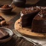 A rich, fudgy Matilda cake with chocolate ganache on a wooden table.