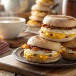 Stack of meal prep breakfast sandwiches with eggs, cheese, and turkey bacon