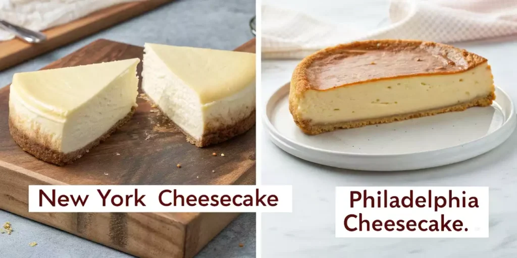 Side-by-side comparison of New York cheesecake and Philadelphia cheesecake, showing their texture and crust differences