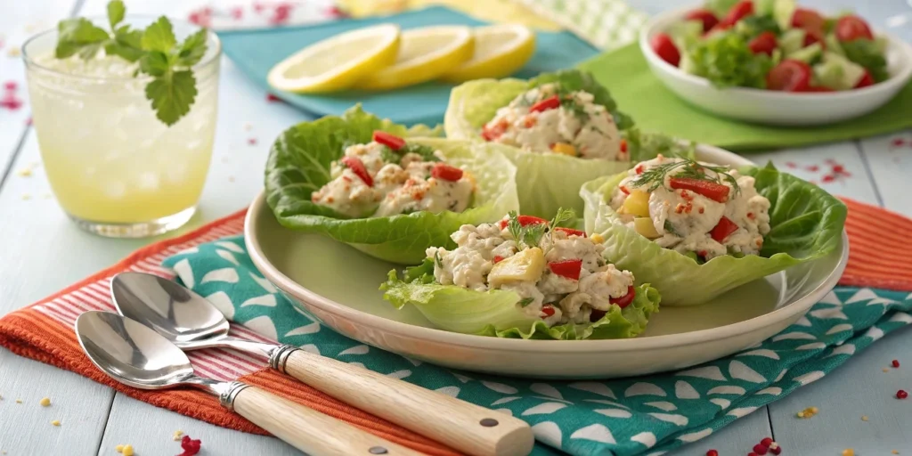 Tuna macaroni salad served in lettuce cups for a party