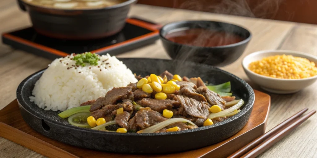 Sizzling hotplate of Pepper Lunch with beef and rice