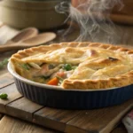 Golden flaky chicken pot pie with fresh vegetables