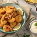 Golden crispy air fryer shrimp with dipping sauces and lemon