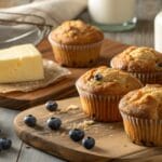 Moist muffins on a rustic countertop with ingredients