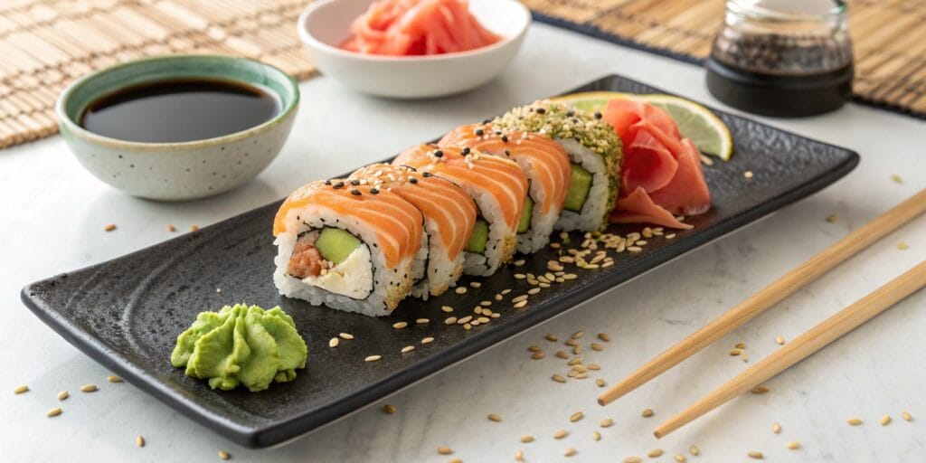 Salmon avocado roll served with soy sauce and wasabi