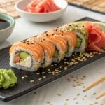 Salmon avocado roll served with soy sauce and wasabi