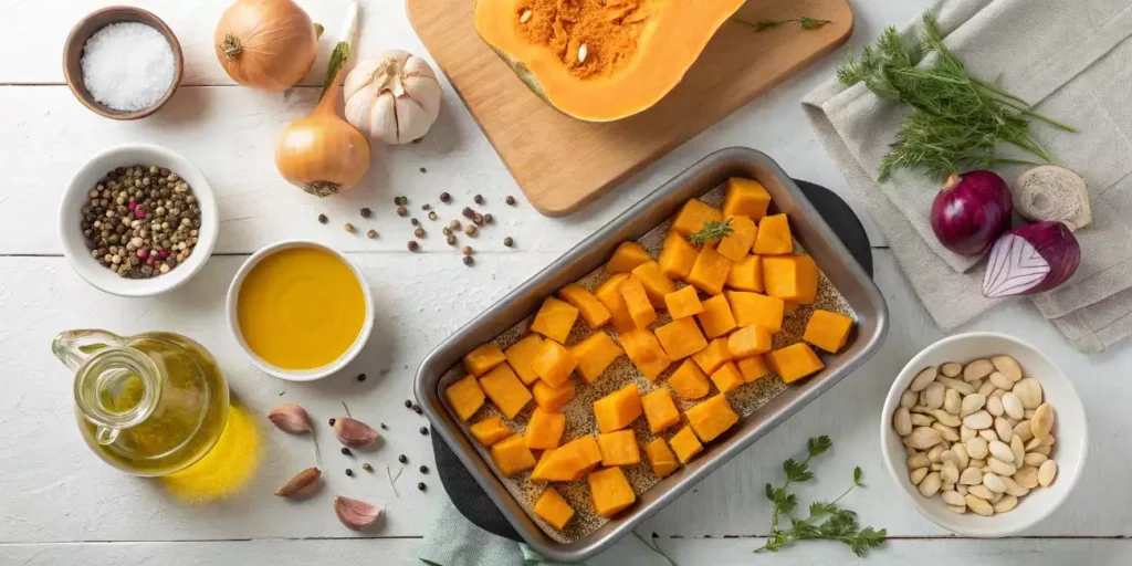 Butternut squash being prepared with ingredients