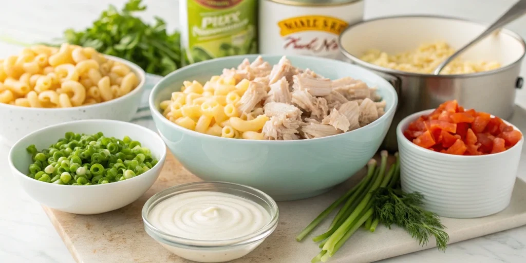 Ingredients for tuna macaroni salad on a kitchen counter