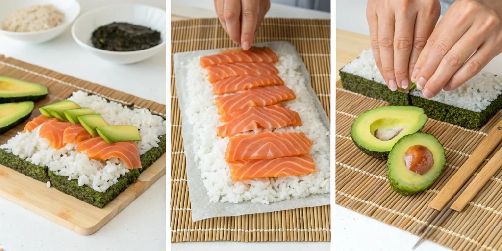 How to roll a salmon avocado sushi roll step by step